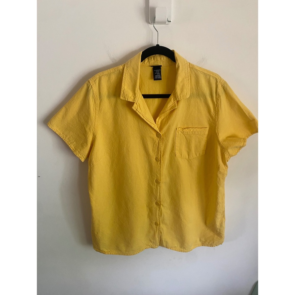 Basic Editions Womens XL Yellow 100% Cotton Short Sleeve Button Down Shirt
